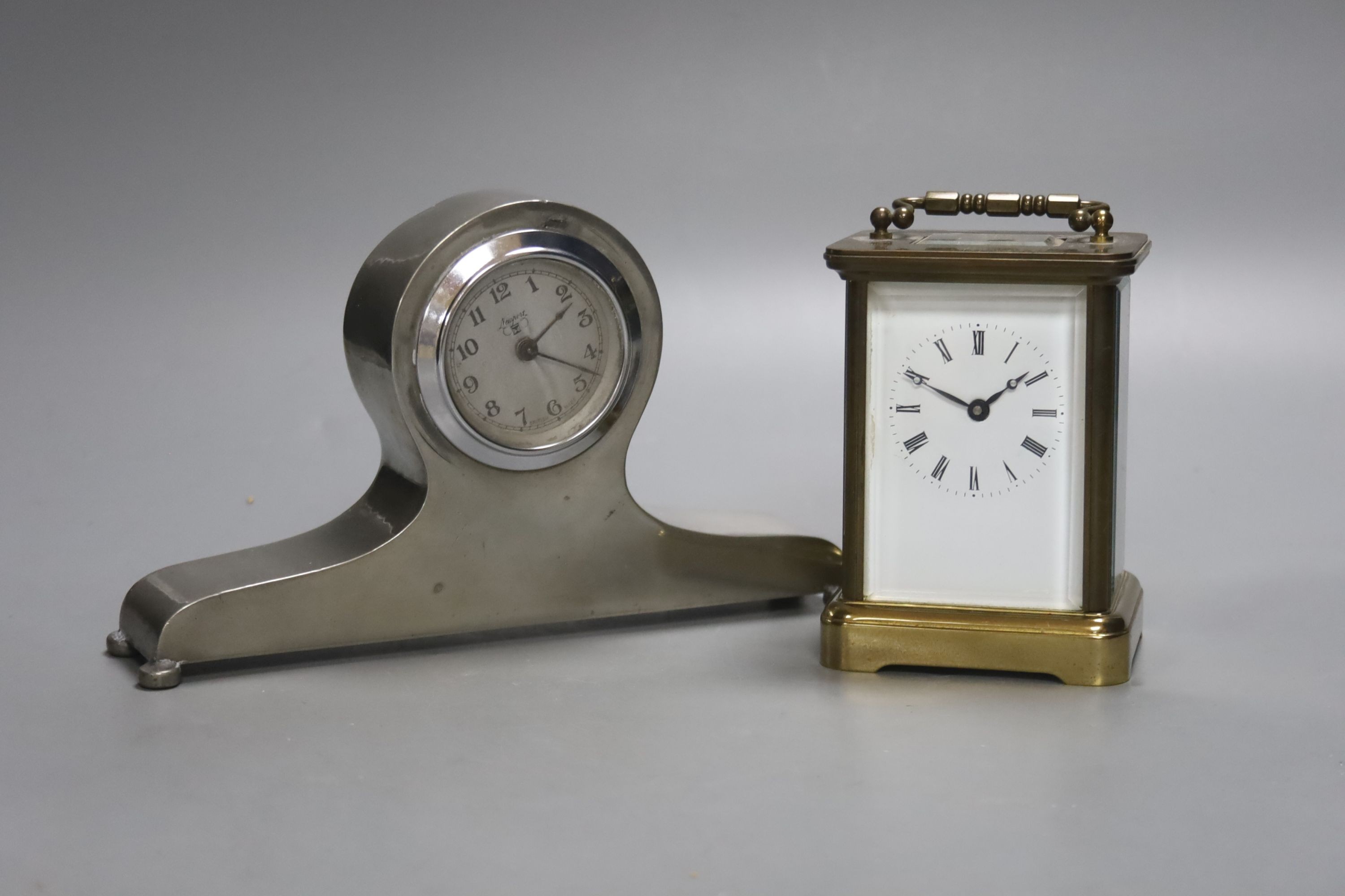 A French Obis cased brass carriage timepiece and a Liberty's Tudric pewter mantel timepiece, dial signed Newport, 21cm wide